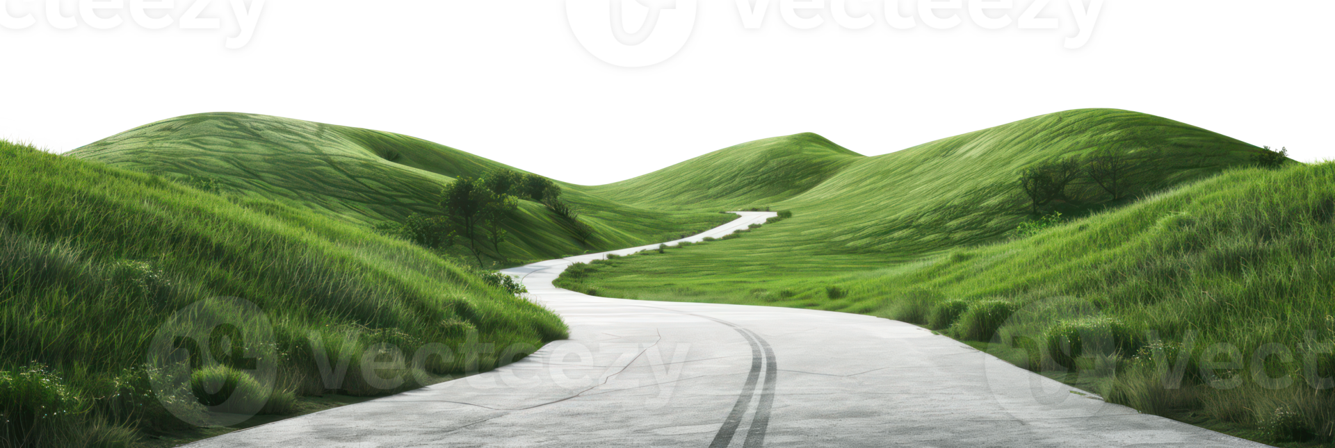 AI generated Winding road through lush green hills on transparent background - stock png. png