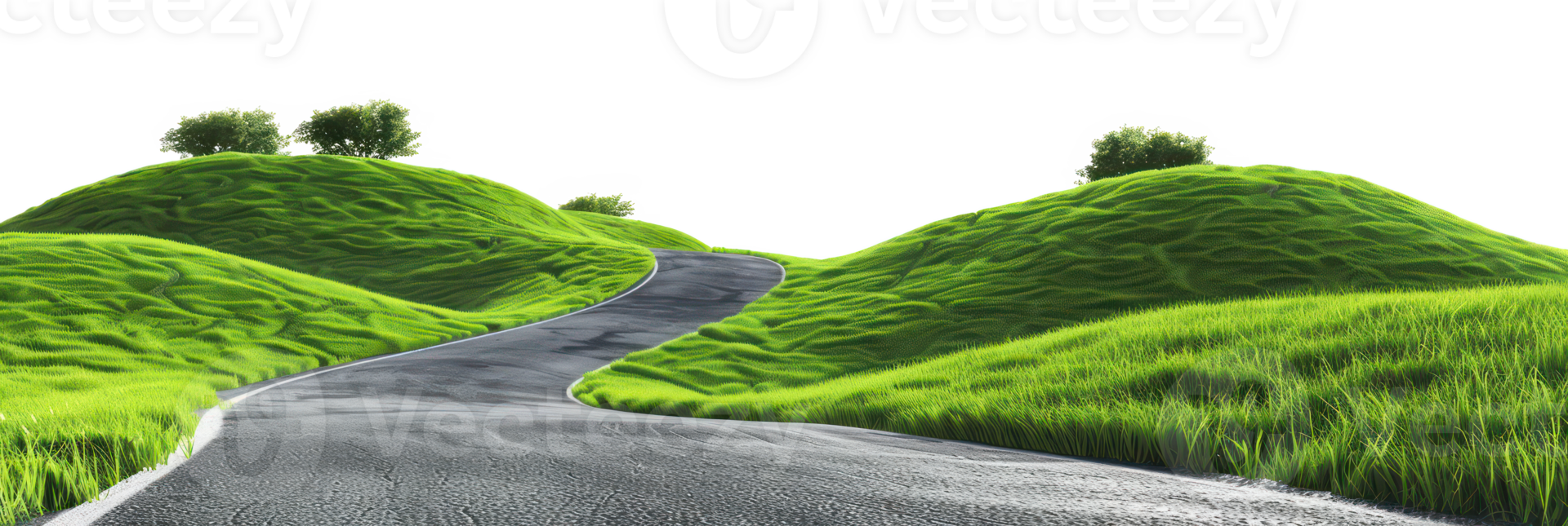 AI generated Winding road through lush green hills on transparent background - stock png. png