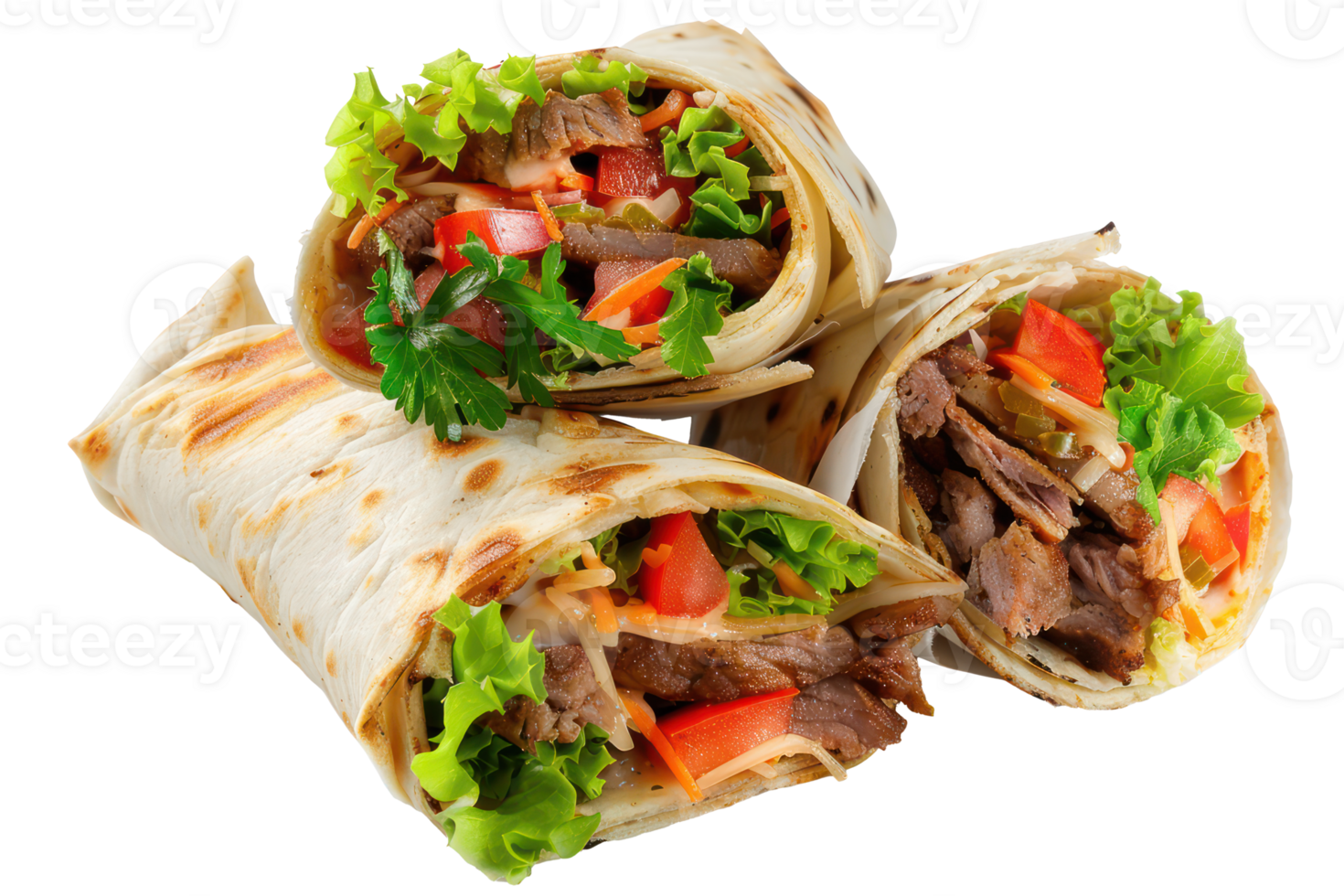 AI generated Delicious shawarma wraps with meat and vegetables on transparent background - stock png. png