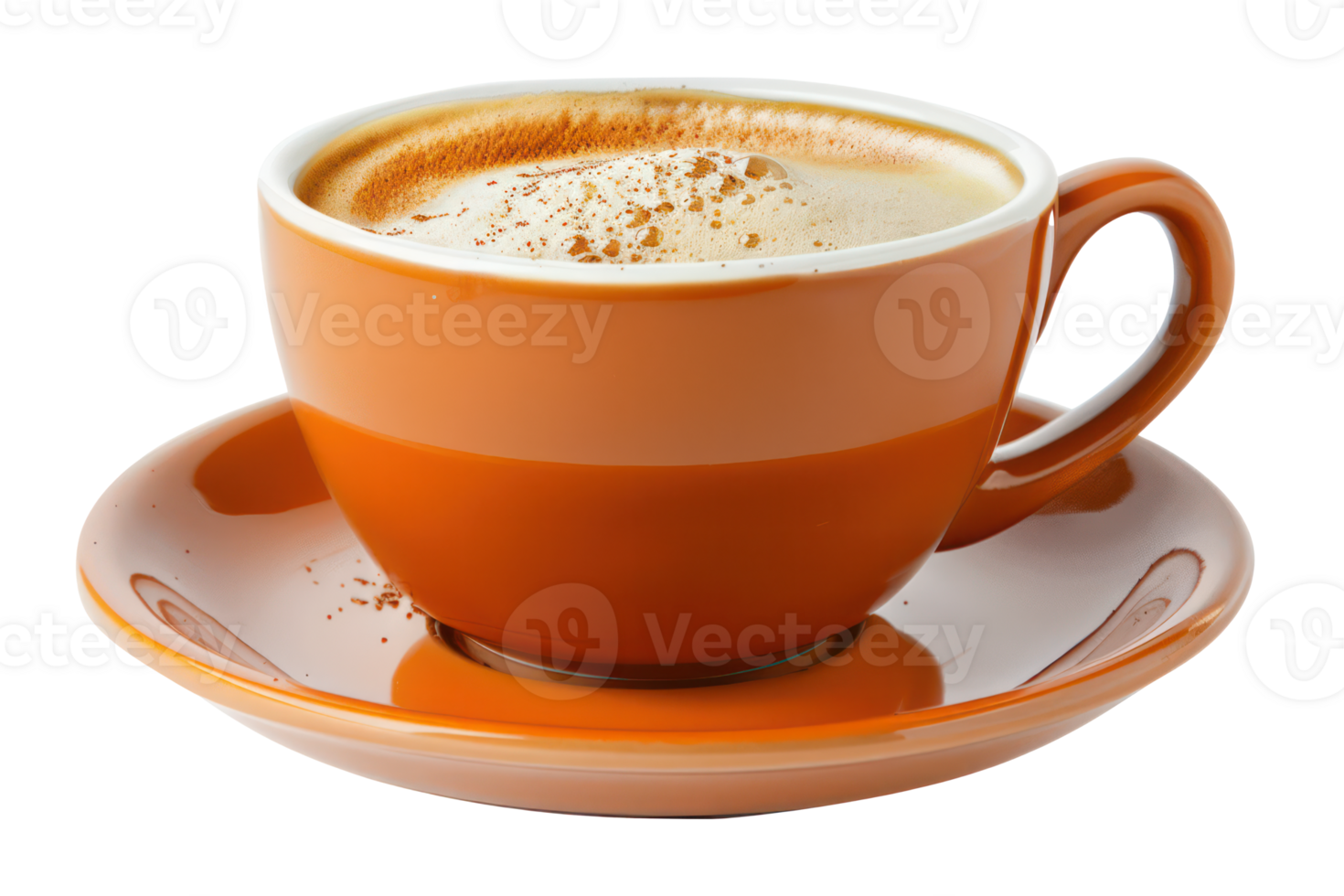 AI generated Hot latte coffee in a brown ceramic cup on transparent background - stock png. png