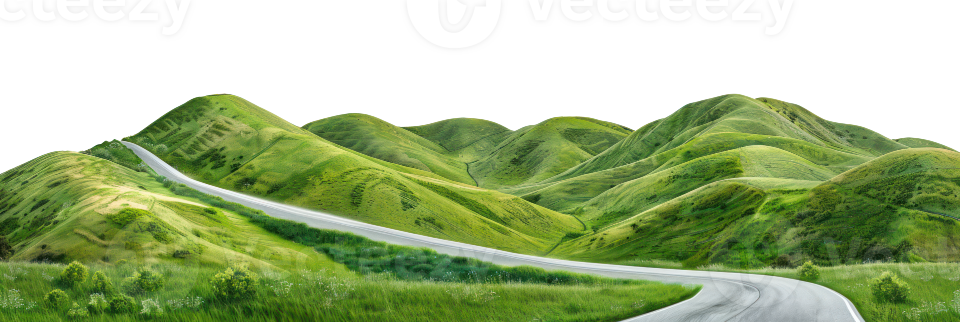 AI generated Winding road through lush green hills on transparent background - stock png. png