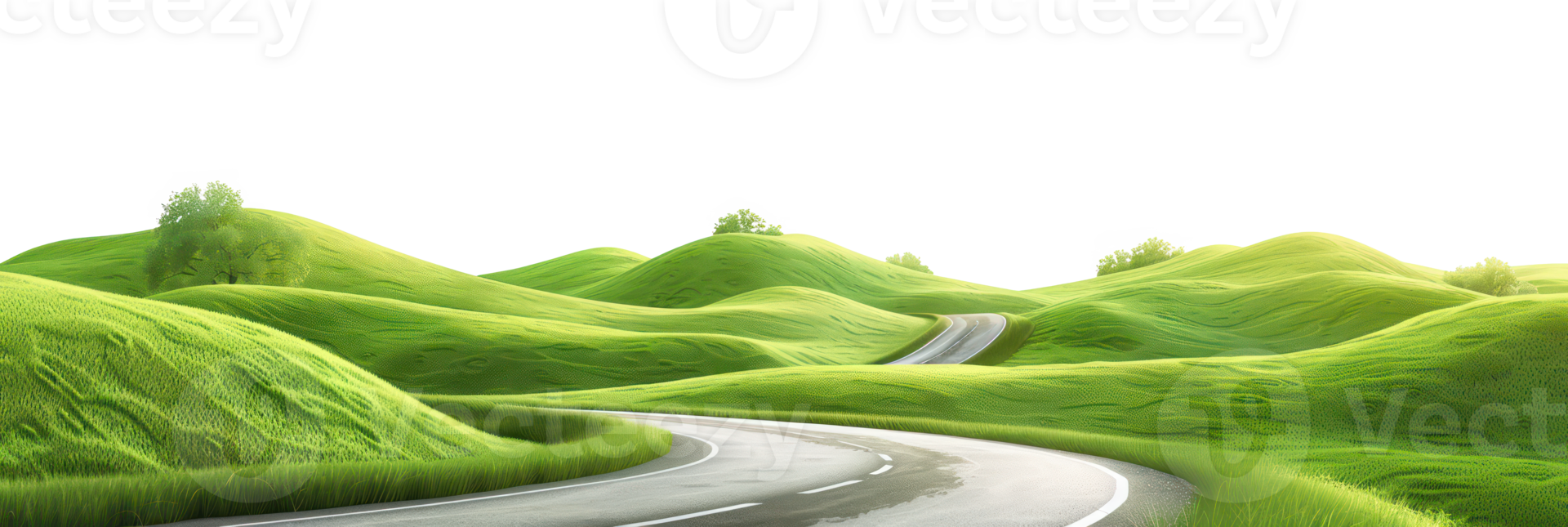 AI generated Winding road through lush green hills on transparent background - stock png. png