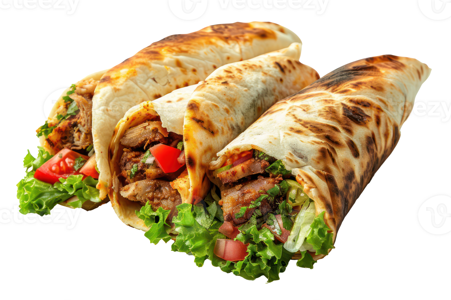 AI generated Delicious shawarma wraps with meat and vegetables on transparent background - stock png. png