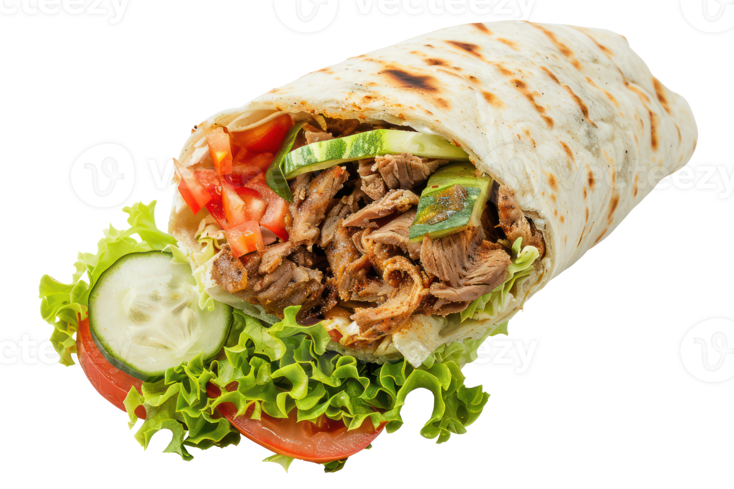AI generated Tasty gyro wrap with beef and fresh vegetables on transparent background - stock png. png