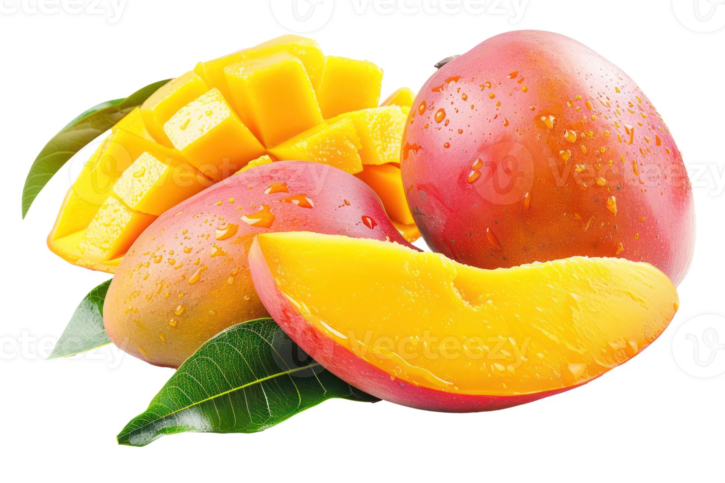 AI generated Ripe mango and juicy slices on transparent background - stock png. png