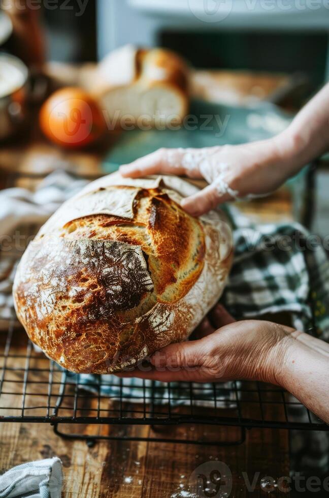 AI generated Artisan Baker Holding Freshly Baked Sourdough Bread in a Rustic Kitchen photo