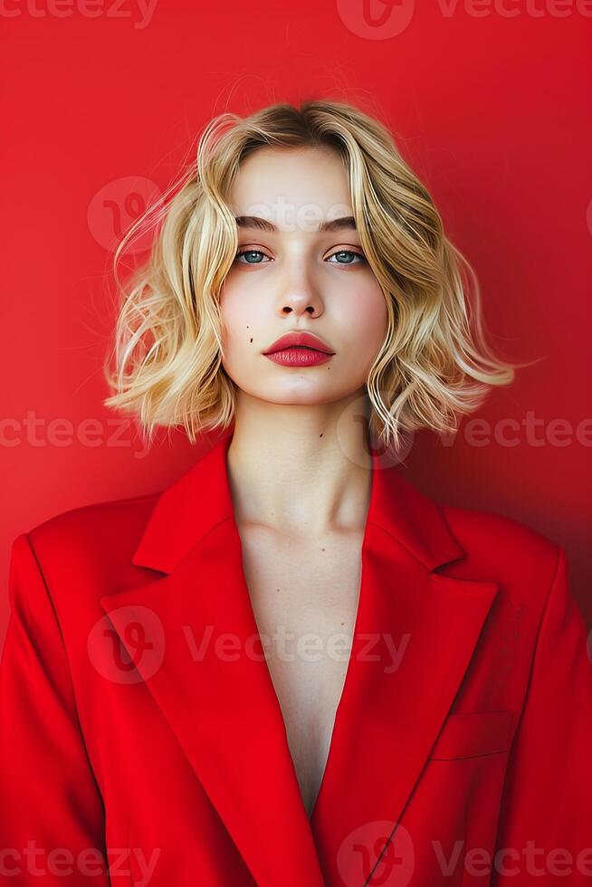 AI generated Confident Young Woman in Red Blazer Against Vibrant Red Background photo