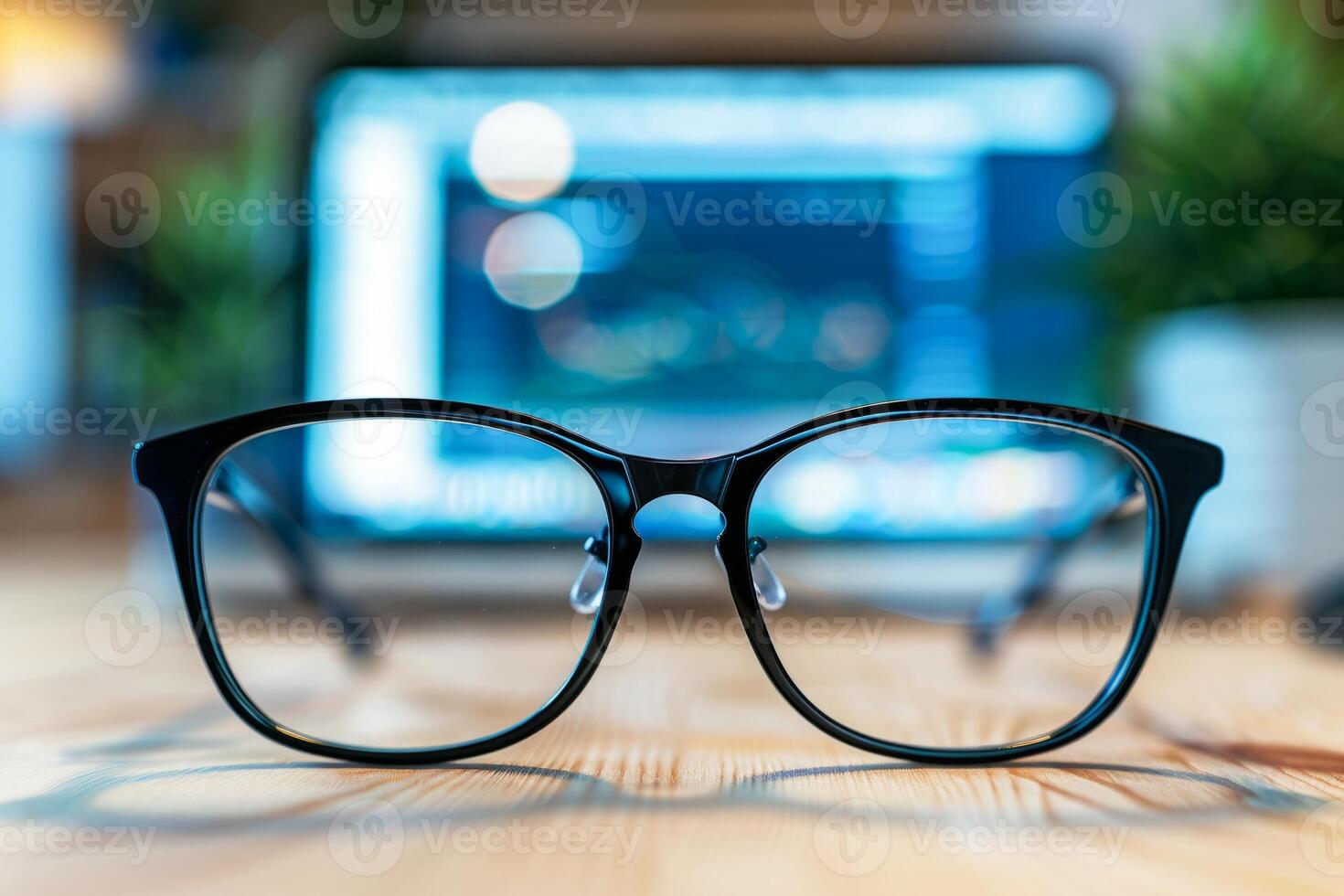 AI generated Close-Up of Black Eyeglasses on a Wooden Desk With Blurred Computer Screen in Background photo