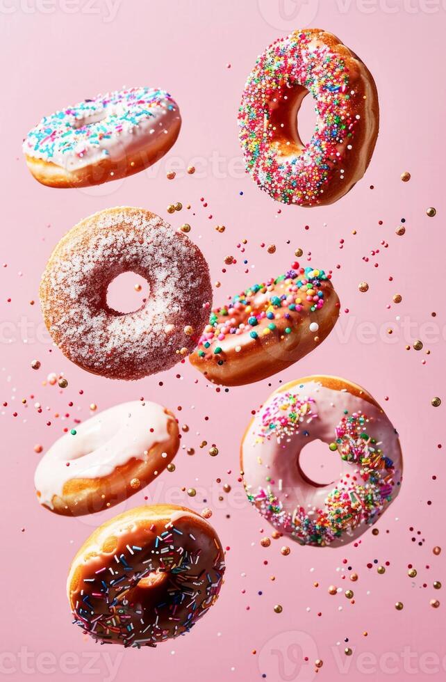 AI generated Assorted Glazed Donuts in Mid-Air Against a Pink Background Captured in Bright Studio Lighting photo