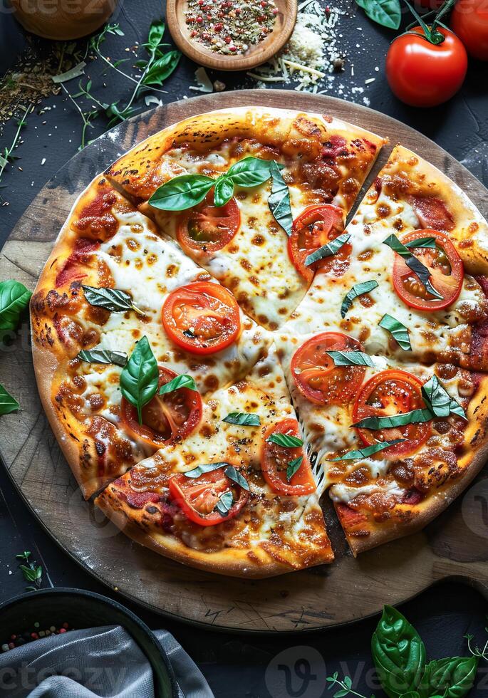 AI generated Freshly Baked Pepperoni Pizza With Sliced Tomatoes and Basil on a Wooden Board photo