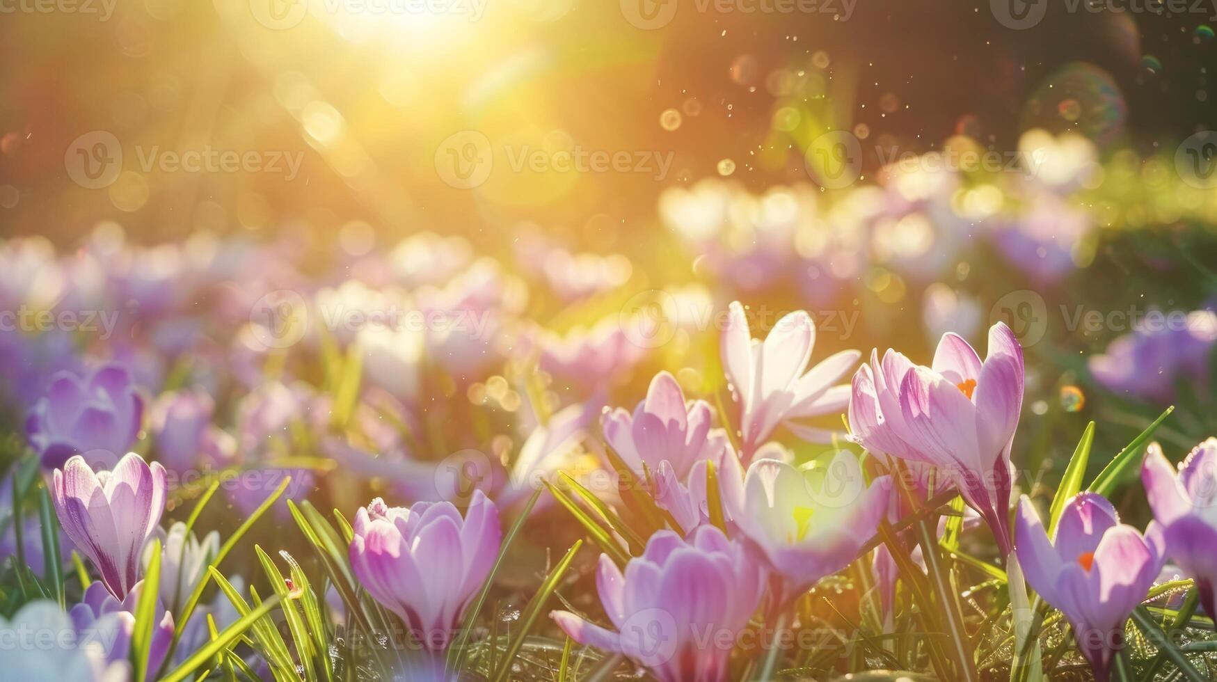 AI generated Purple Crocus Flowers Blooming in a Sunny Spring Field at Dawn photo