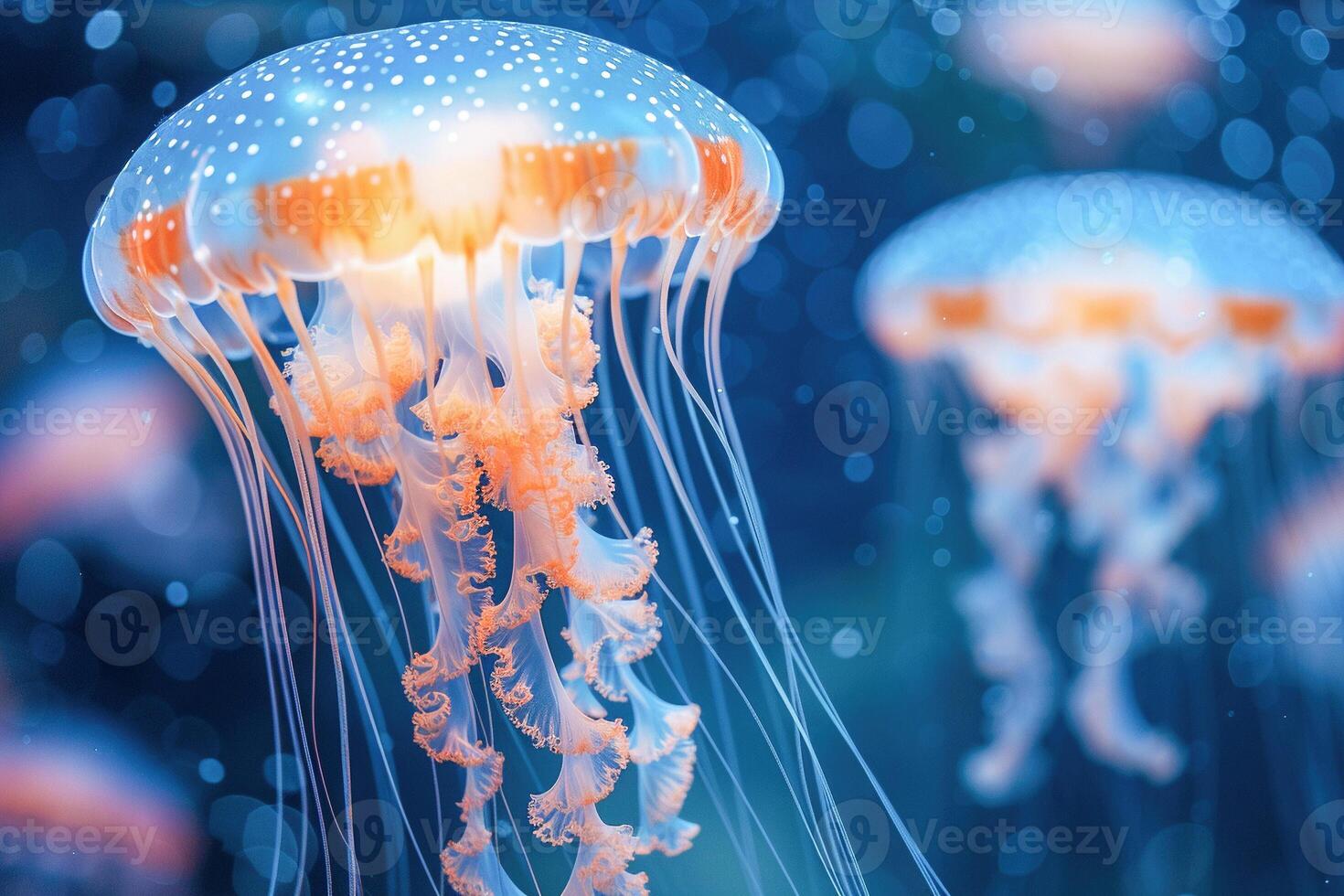 AI generated Luminescent Jellyfish Gracefully Drifting in the Deep Blue Ocean at Twilight photo