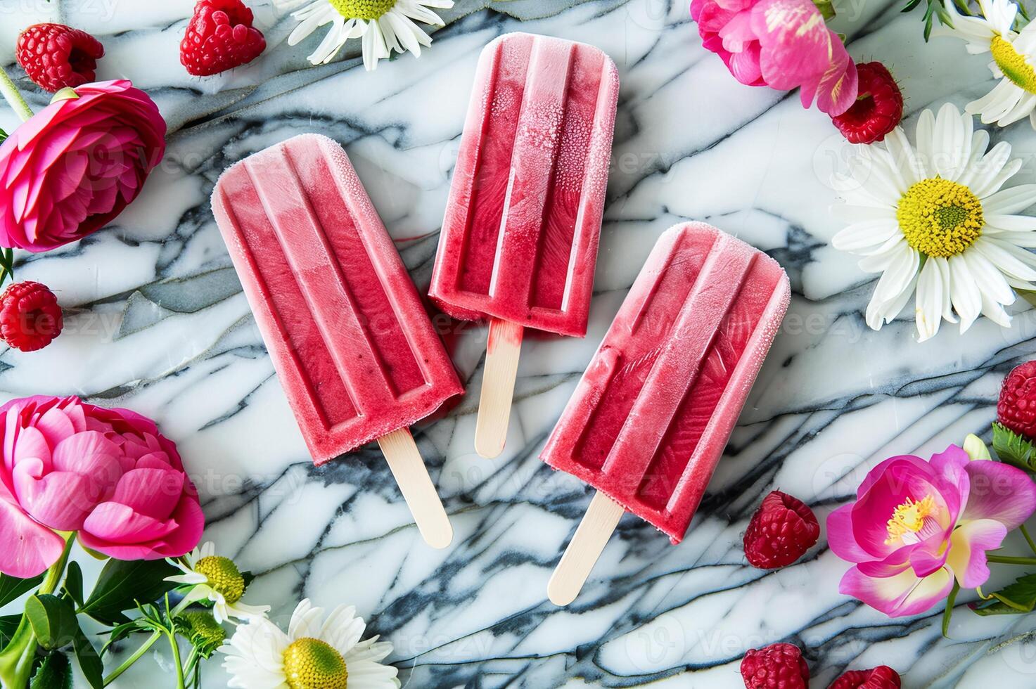 AI generated Vibrant Raspberry Ice Pops Arranged on Marble Background Surrounded by Fresh Berries and Flowers photo