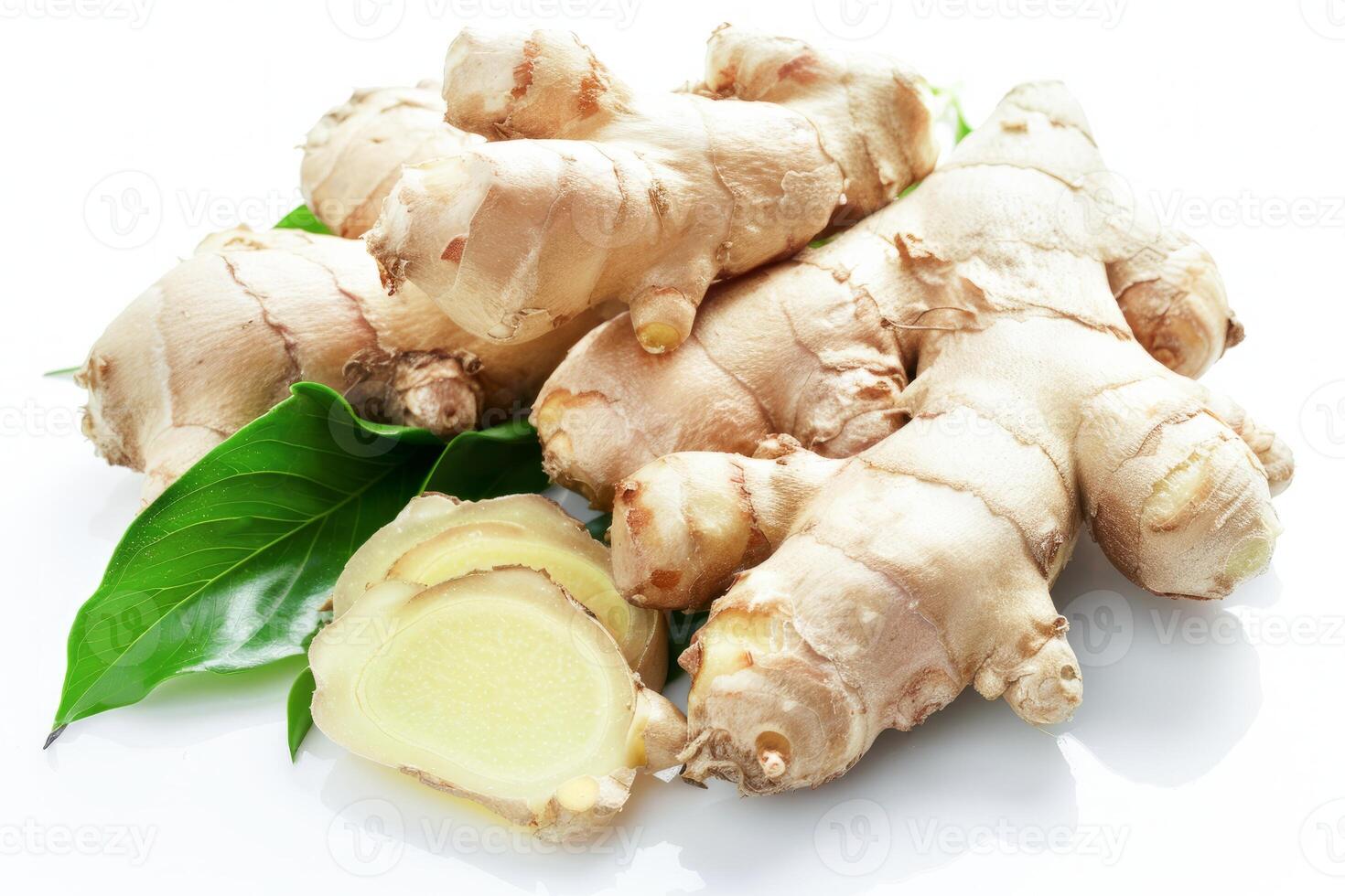 AI generated Fresh Ginger Root With Green Leaves on a White Background photo