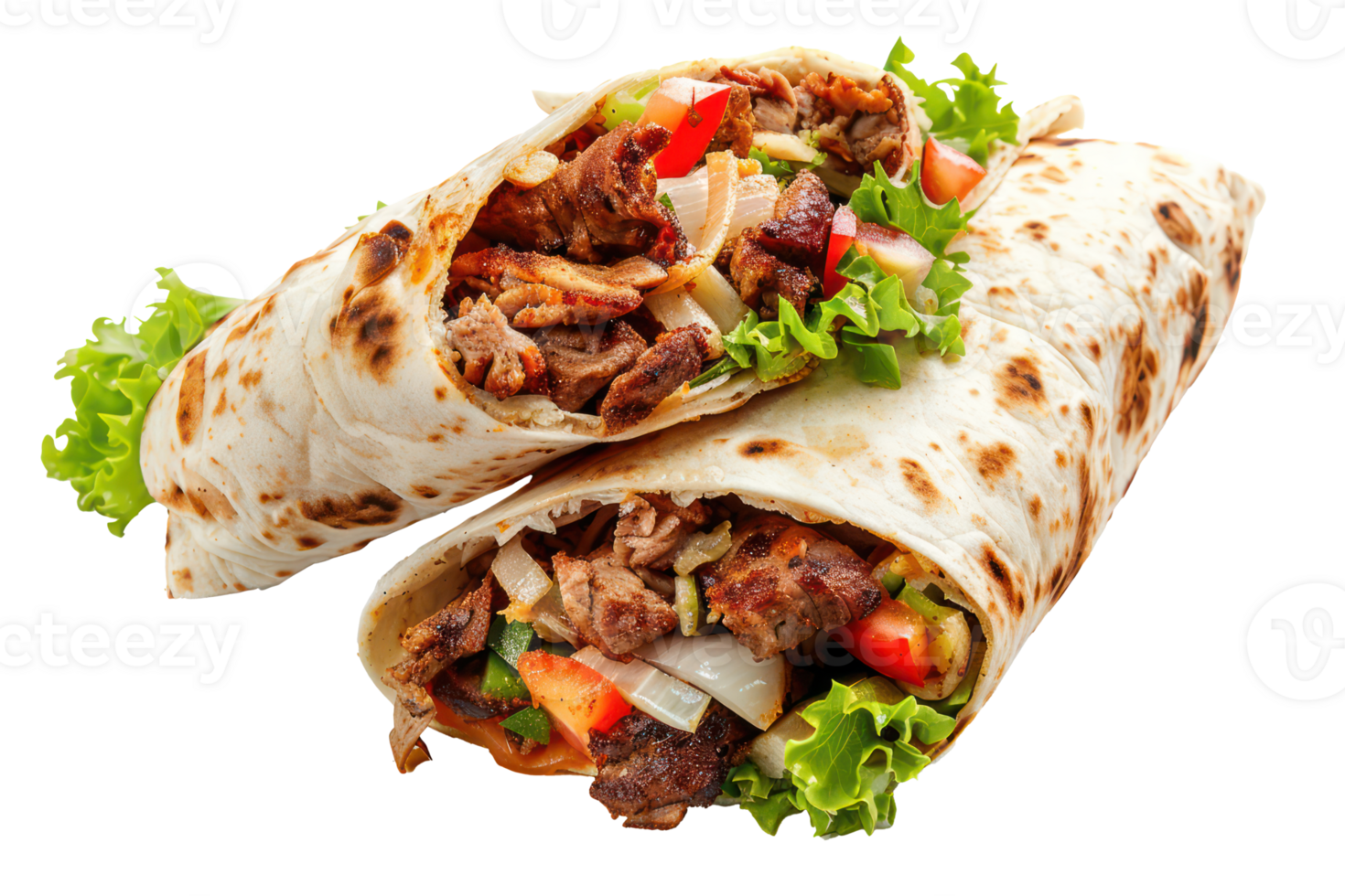 AI generated Delicious shawarma wraps with meat and vegetables on transparent background - stock png. png