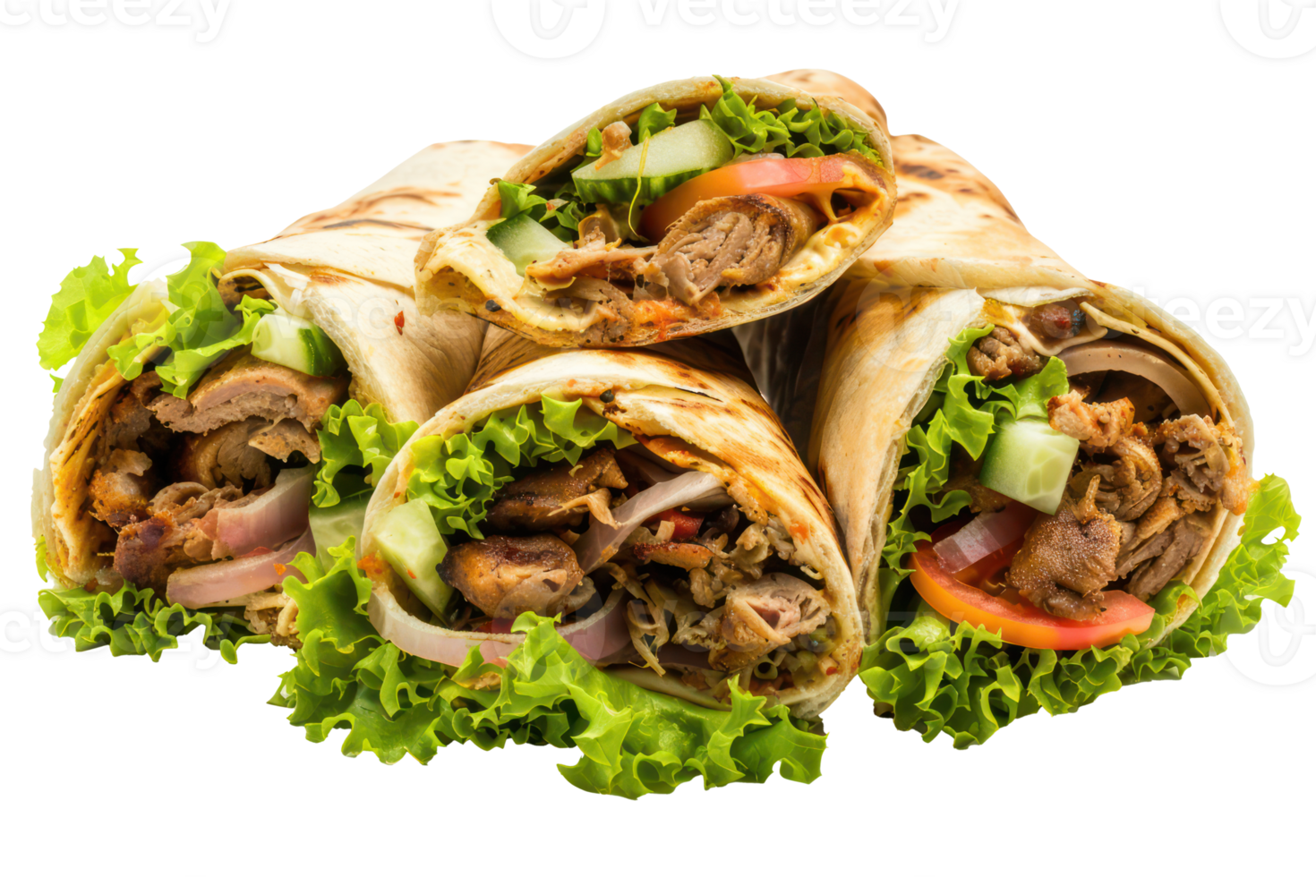 AI generated Delicious shawarma wraps with meat and vegetables on transparent background - stock png. png