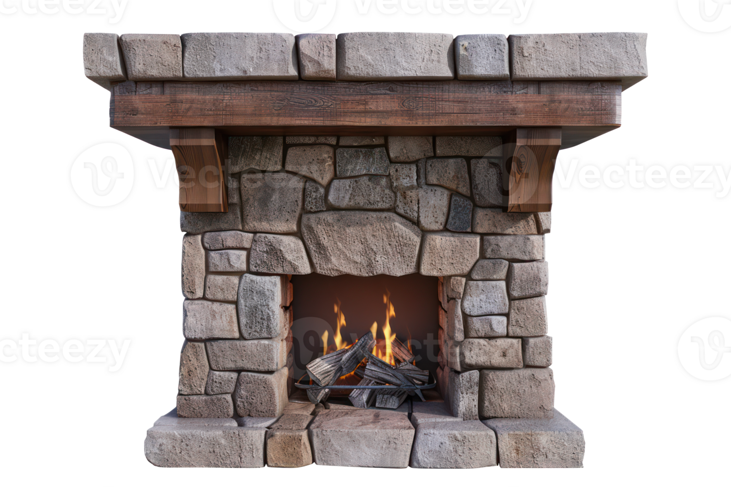 AI generated Stone fireplace with blazing fire on transparent background - stock png. png