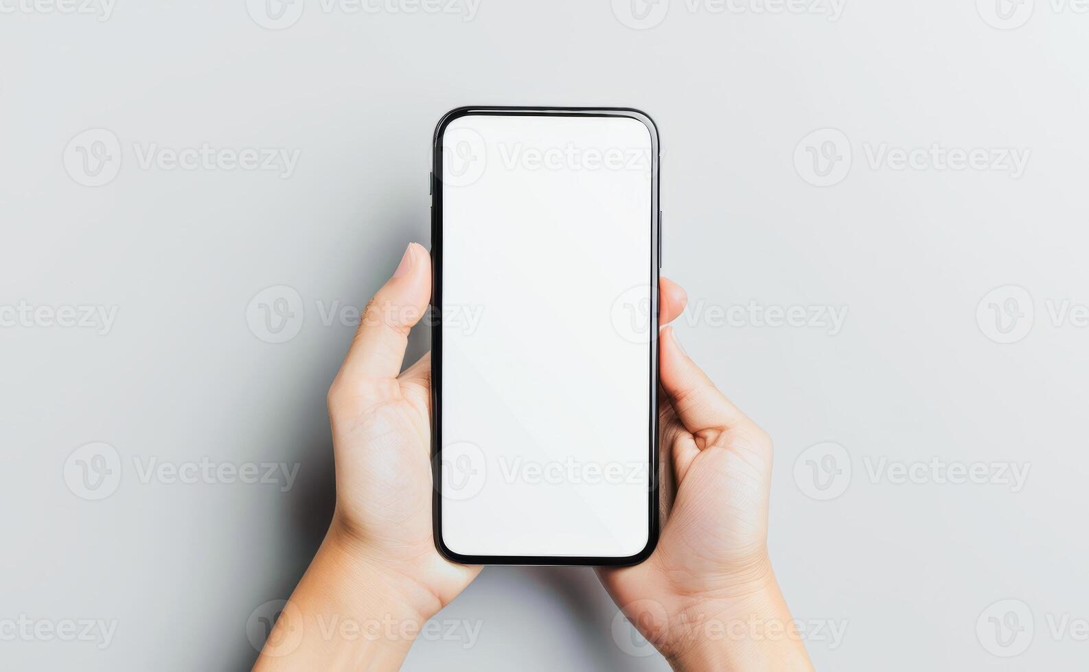 AI generated Person Holding Smartphone With Blank Screen Over Gray Background photo