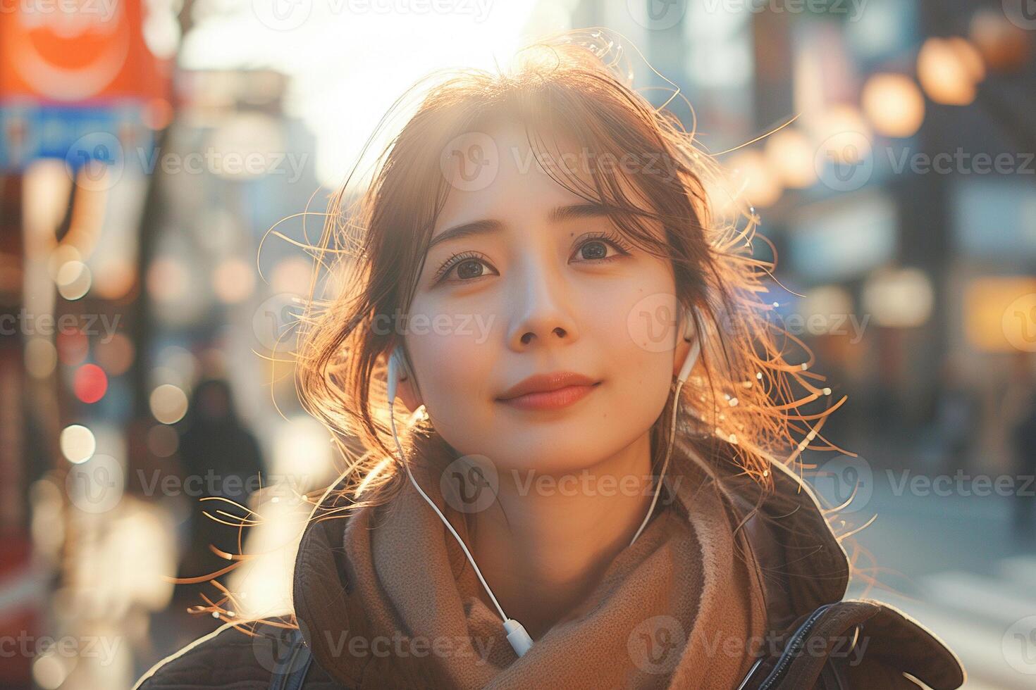 AI generated Young Woman Listening to Music With Earphones in Urban Evening Setting photo