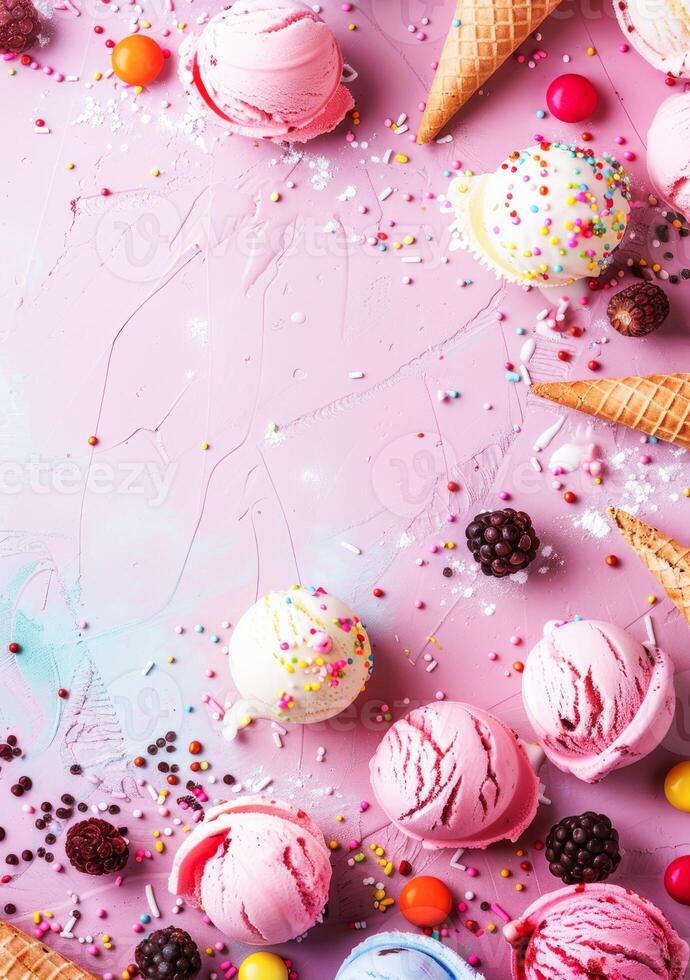 AI generated Assorted Scoops of Ice Cream With Sprinkles and Berries on a Pastel Pink Surface photo