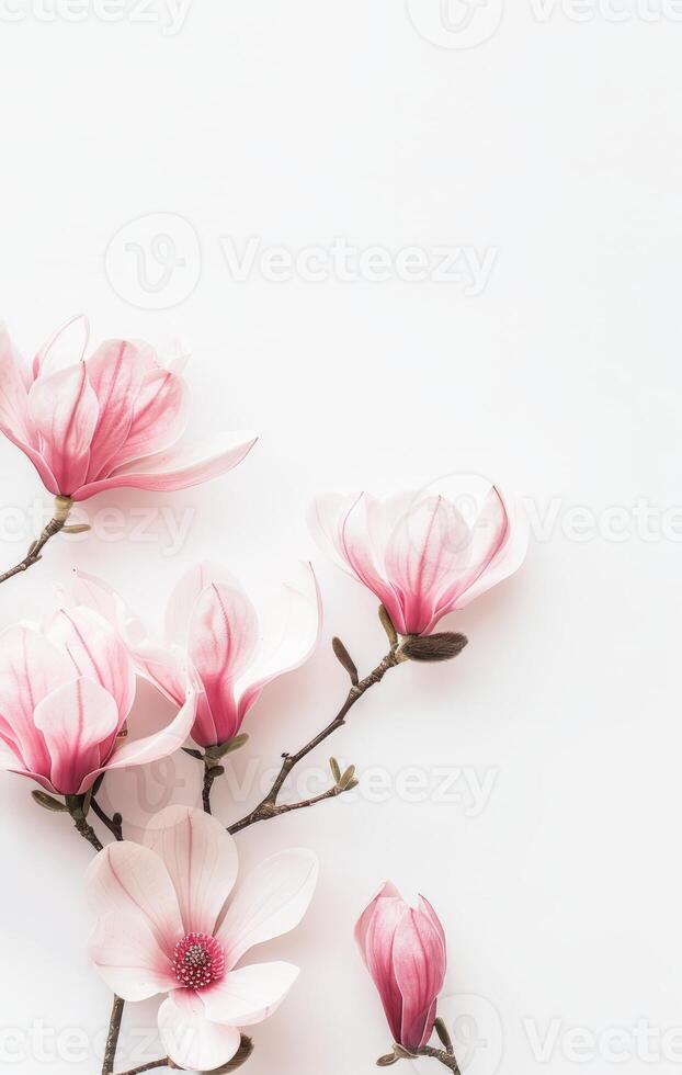 AI generated Blooming Magnolia Flowers Against a Bright White Background in Springtime photo