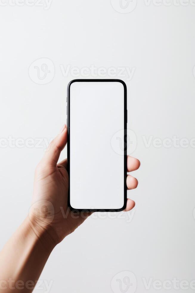 AI generated Person Holding Smartphone With Blank Screen Over Gray Background photo