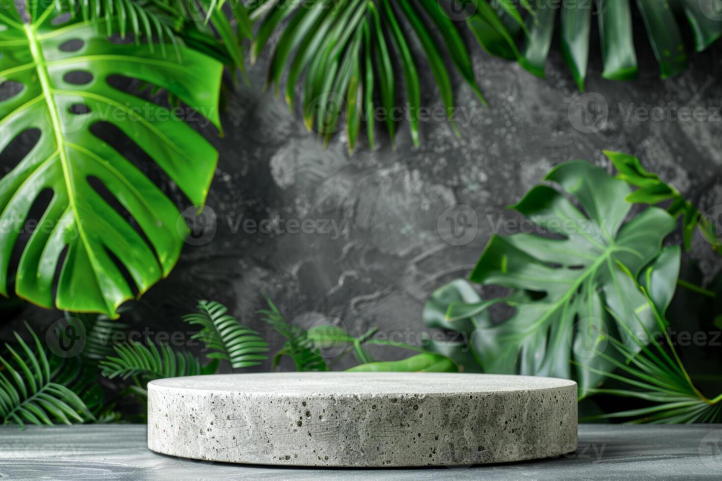 AI generated Modern Display Podium With Lush Tropical Greenery Against Textured Grey Background photo