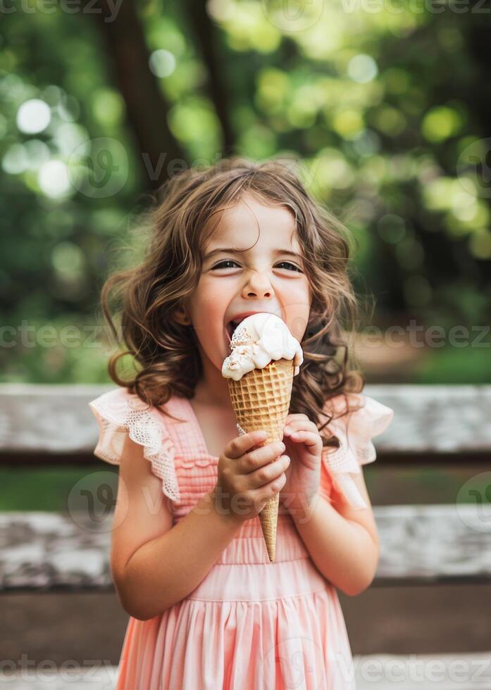 AI generated Young Girl Enjoying Vanilla Ice Cream Cone in the Park on a Summer Day photo