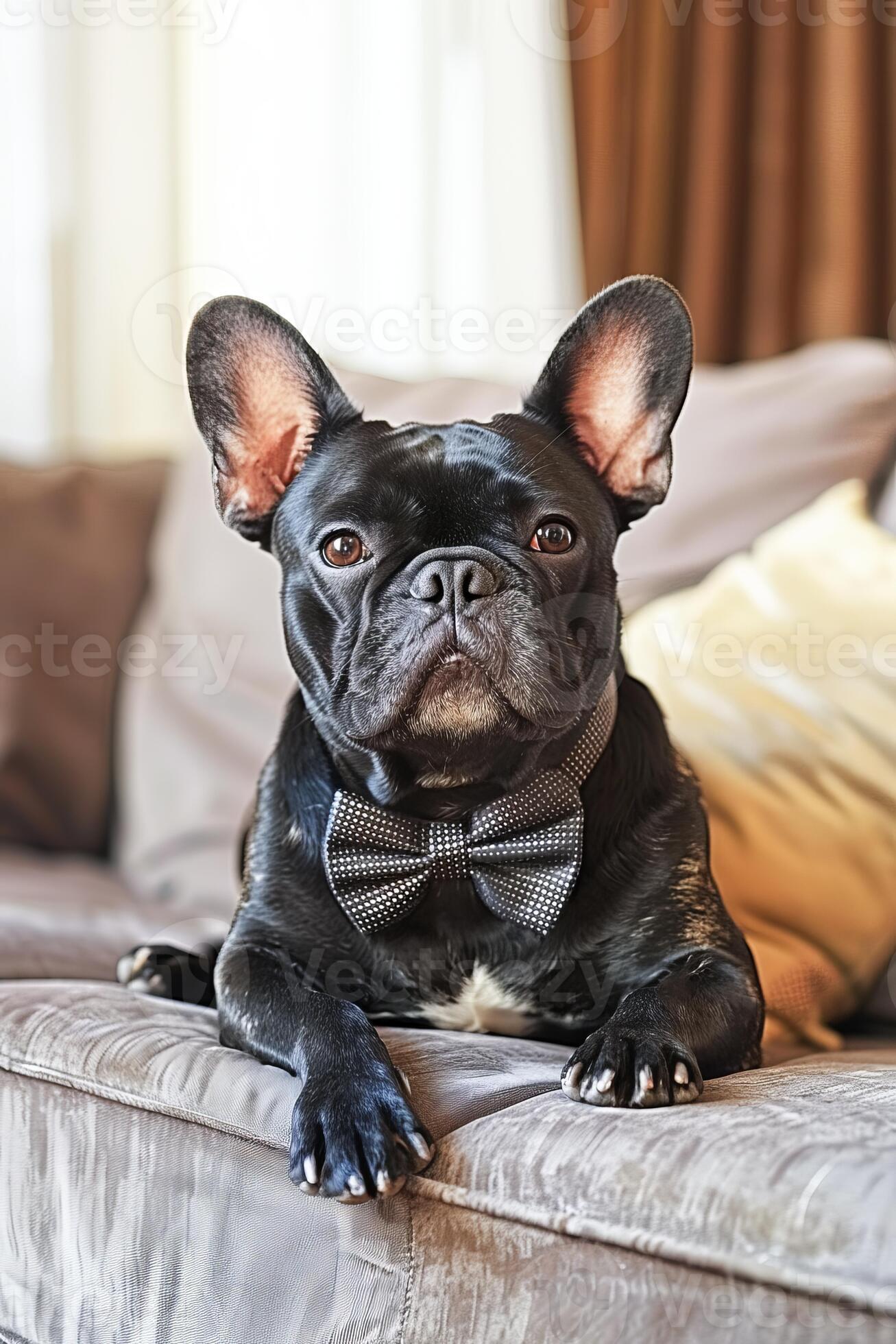 AI generated Portrait of a French Bulldog Wearing a Bow Tie on a Sofa 41715733 Stock Photo at Vecteezy