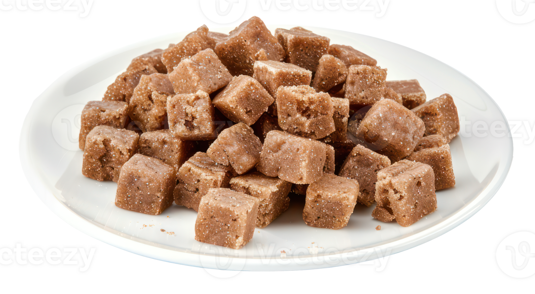 AI generated Natural brown sugar cubes piled on a white plate on transparent background - stock png. png