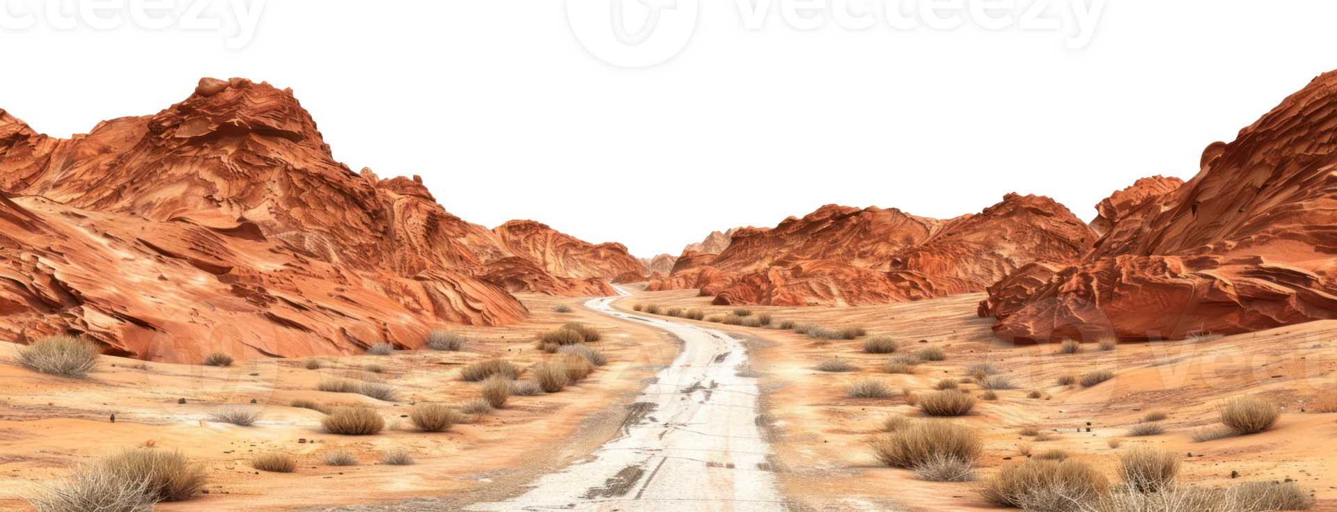AI generated Red rock formations along a desert road on transparent background - stock png. png