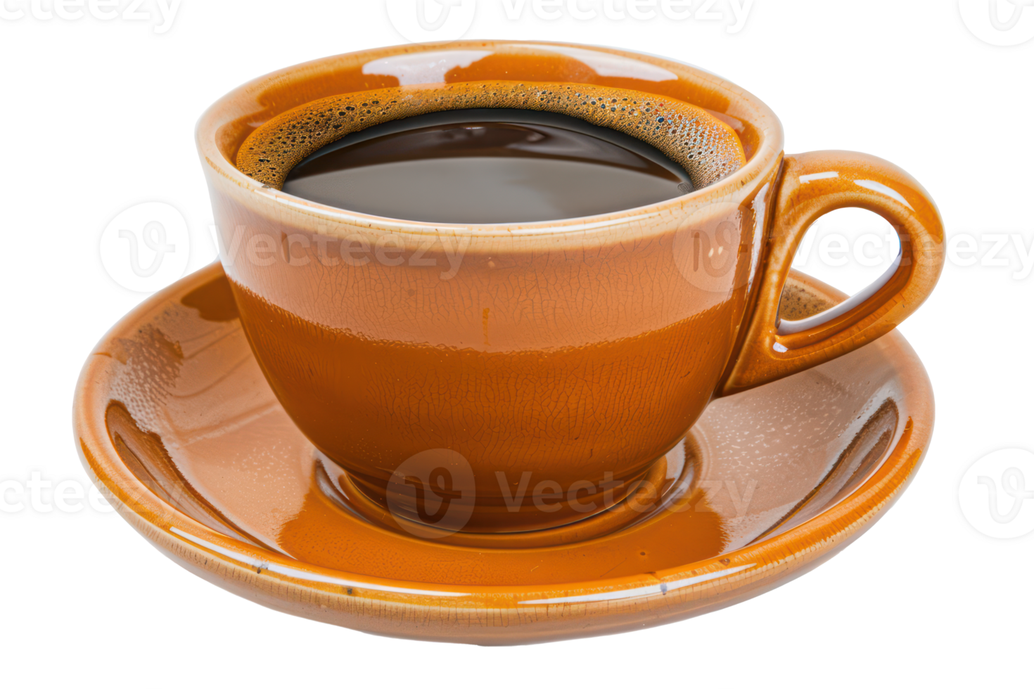 AI generated Hot espresso coffee in a brown ceramic cup on transparent background - stock png. png