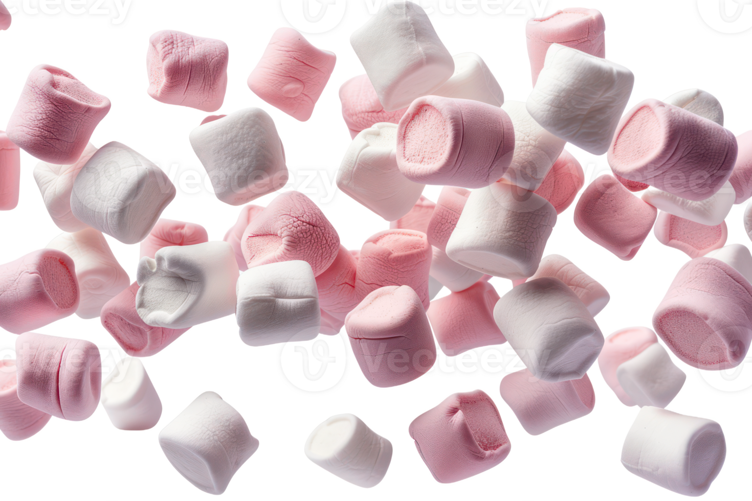 AI generated Pink and white marshmallows scattered on transparent background - stock png. png