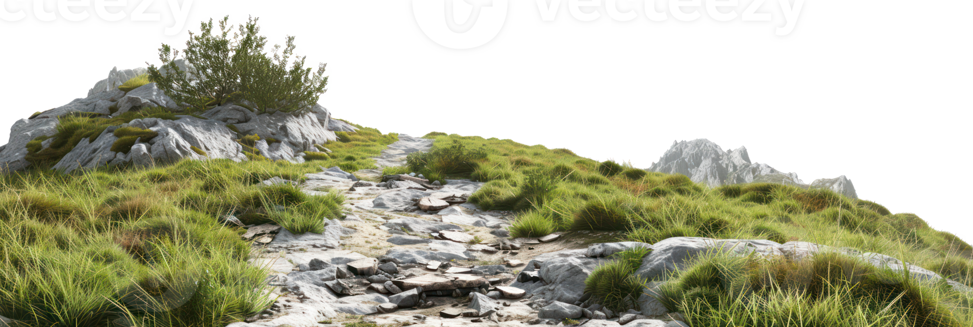 AI generated Scenic mountain trail through lush greenery and rocky terrain on transparent background - stock png. png