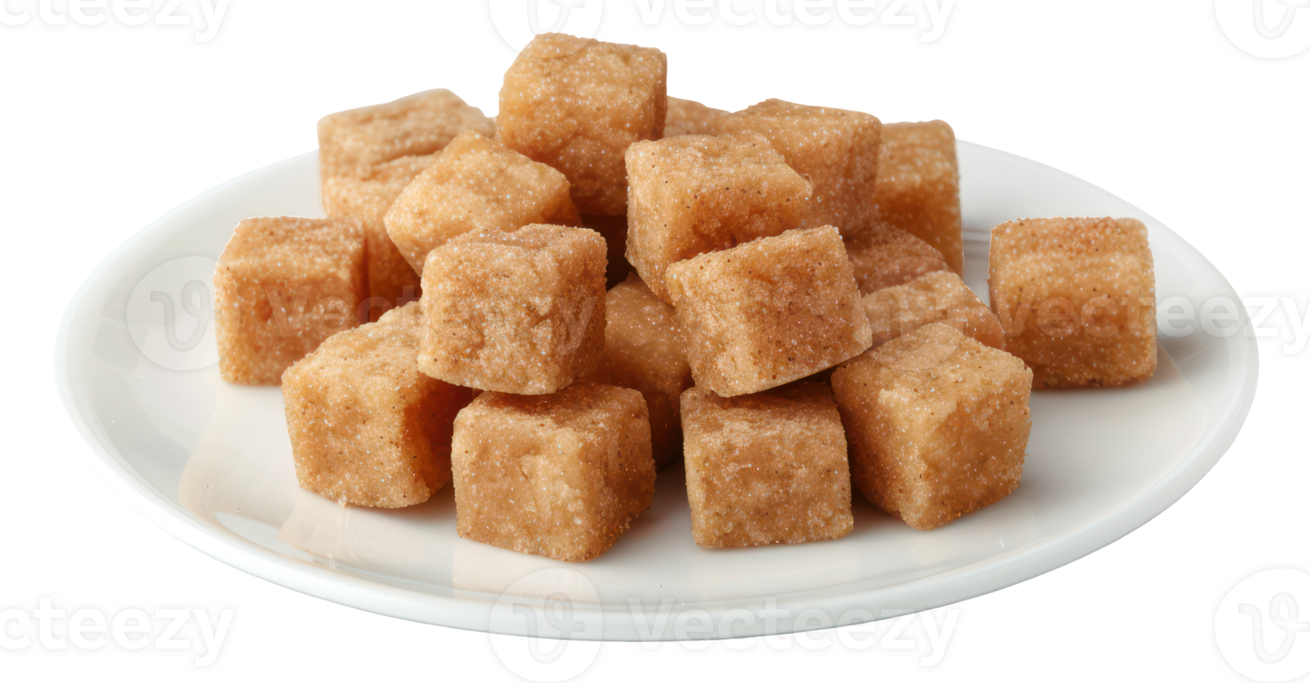 AI generated Natural brown sugar cubes piled on a white plate on transparent background - stock png. png