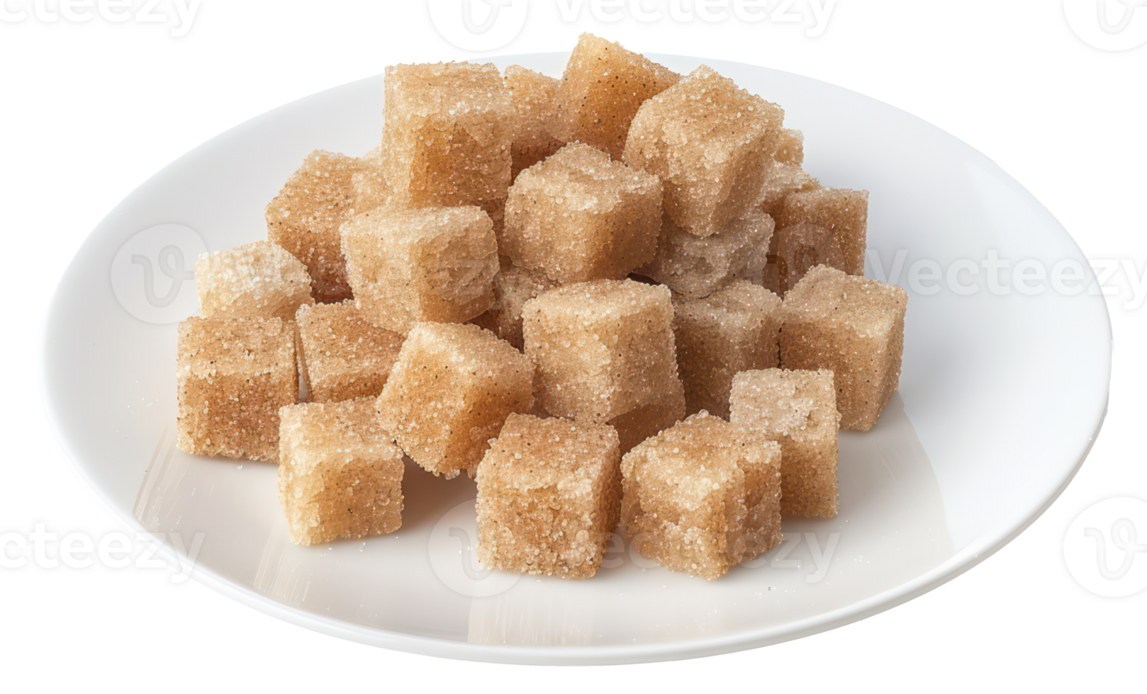 AI generated Natural brown sugar cubes piled on a white plate on transparent background - stock png. png