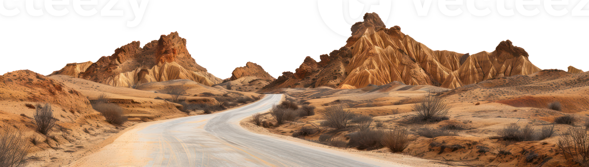 AI generated Desert road winding through arid landscape on transparent background - stock png. png