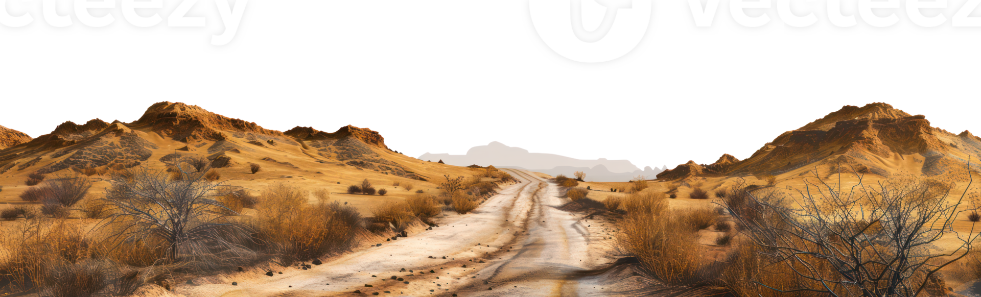 AI generated Desert road winding through arid landscape on transparent background - stock png. png