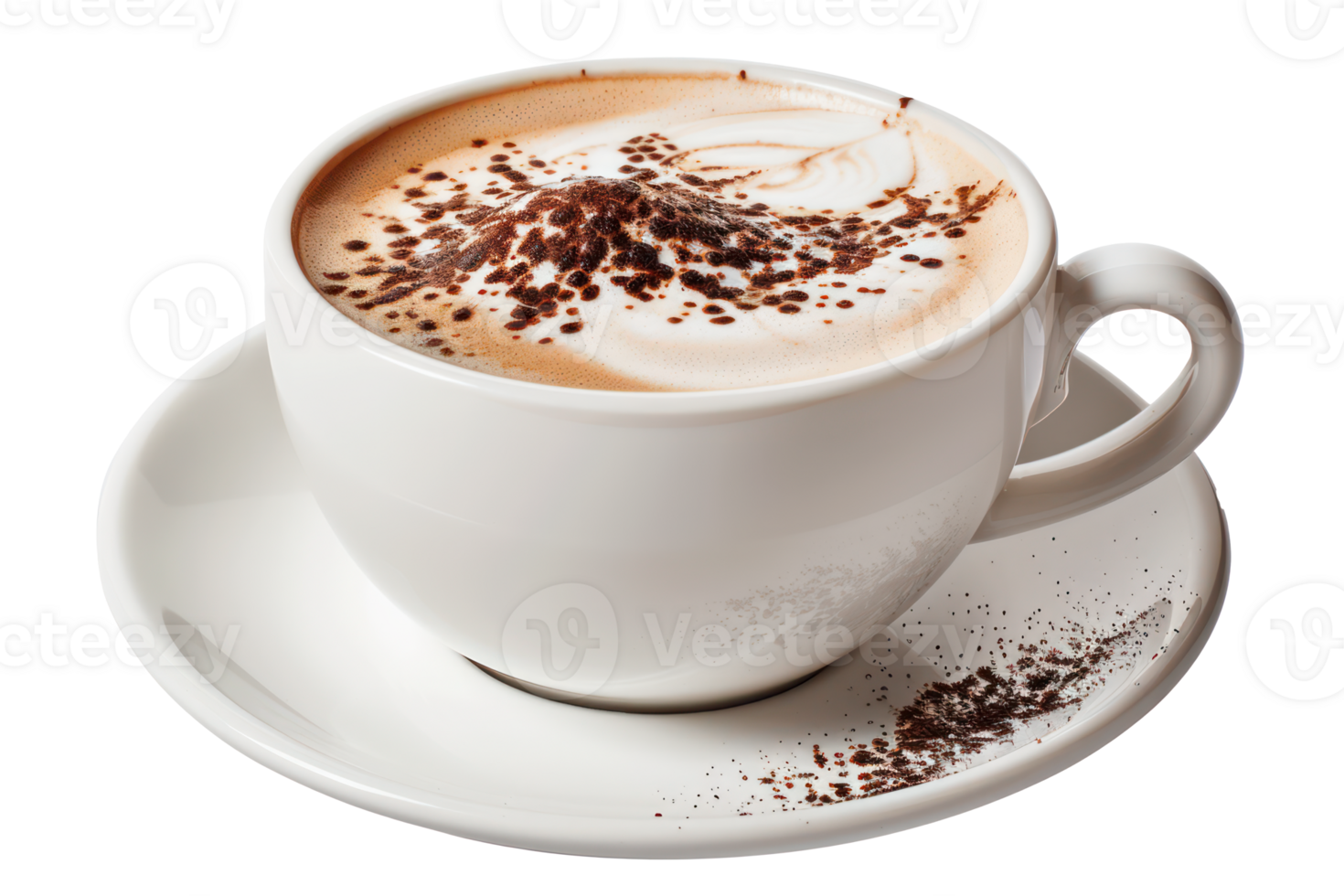 AI generated Creamy cappuccino with chocolate sprinkle in a white ceramic cup on transparent background - stock png. png