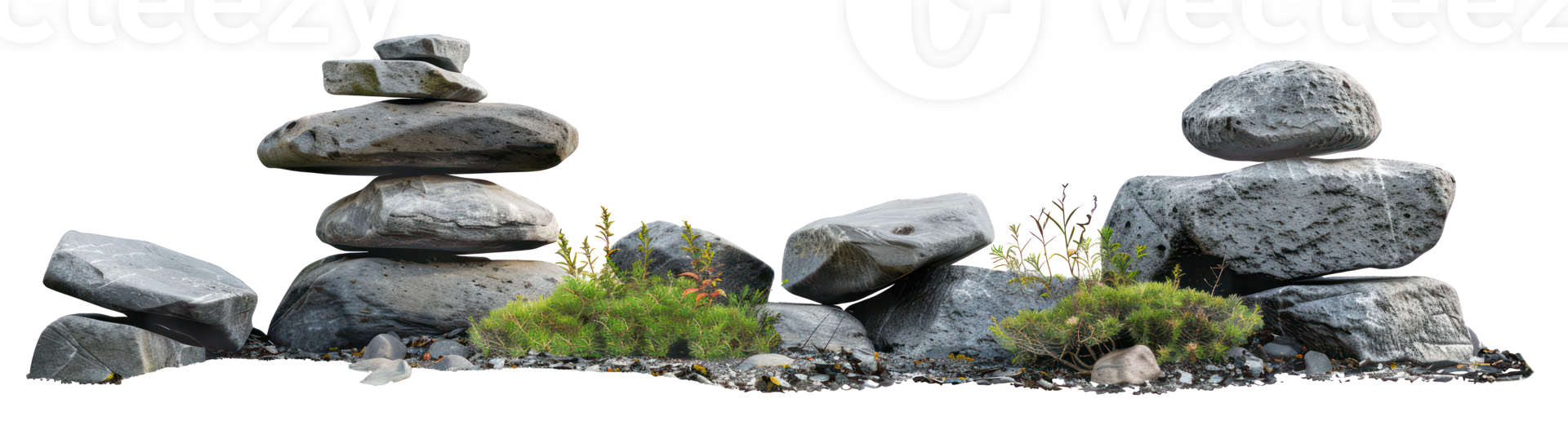 AI generated Serene rocky garden with diverse plants and stones on transparent background - stock png. png