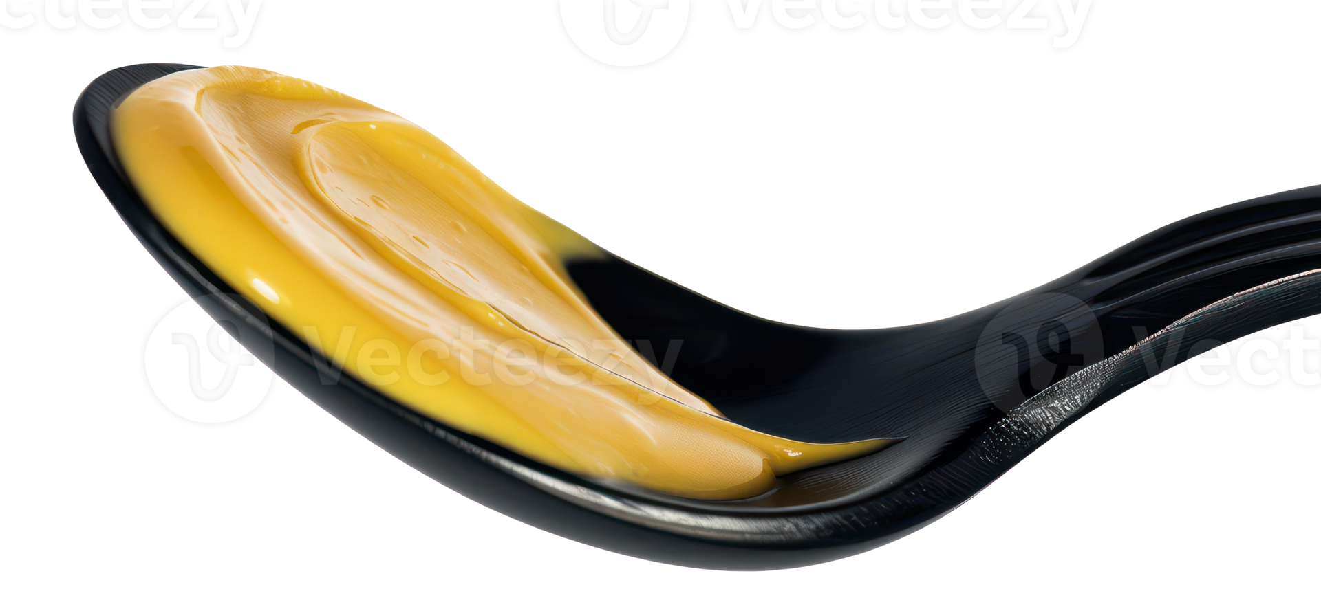 AI generated Golden mayonnaise dripping from a black spoon on transparent background - stock png. png