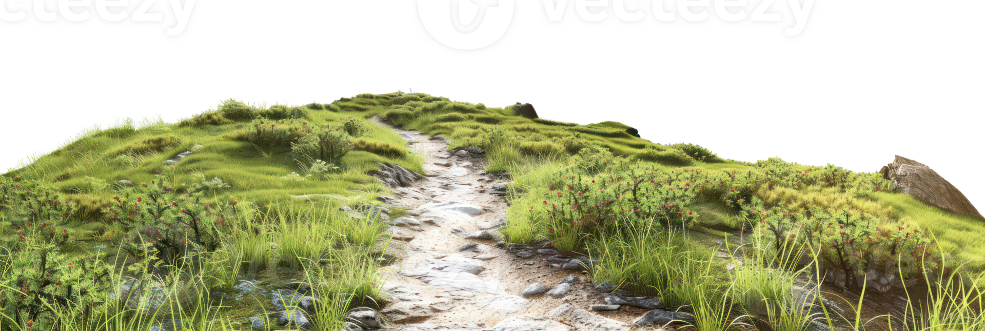 AI generated Grassy hill with a natural path and wildflowers on transparent background - stock png. png