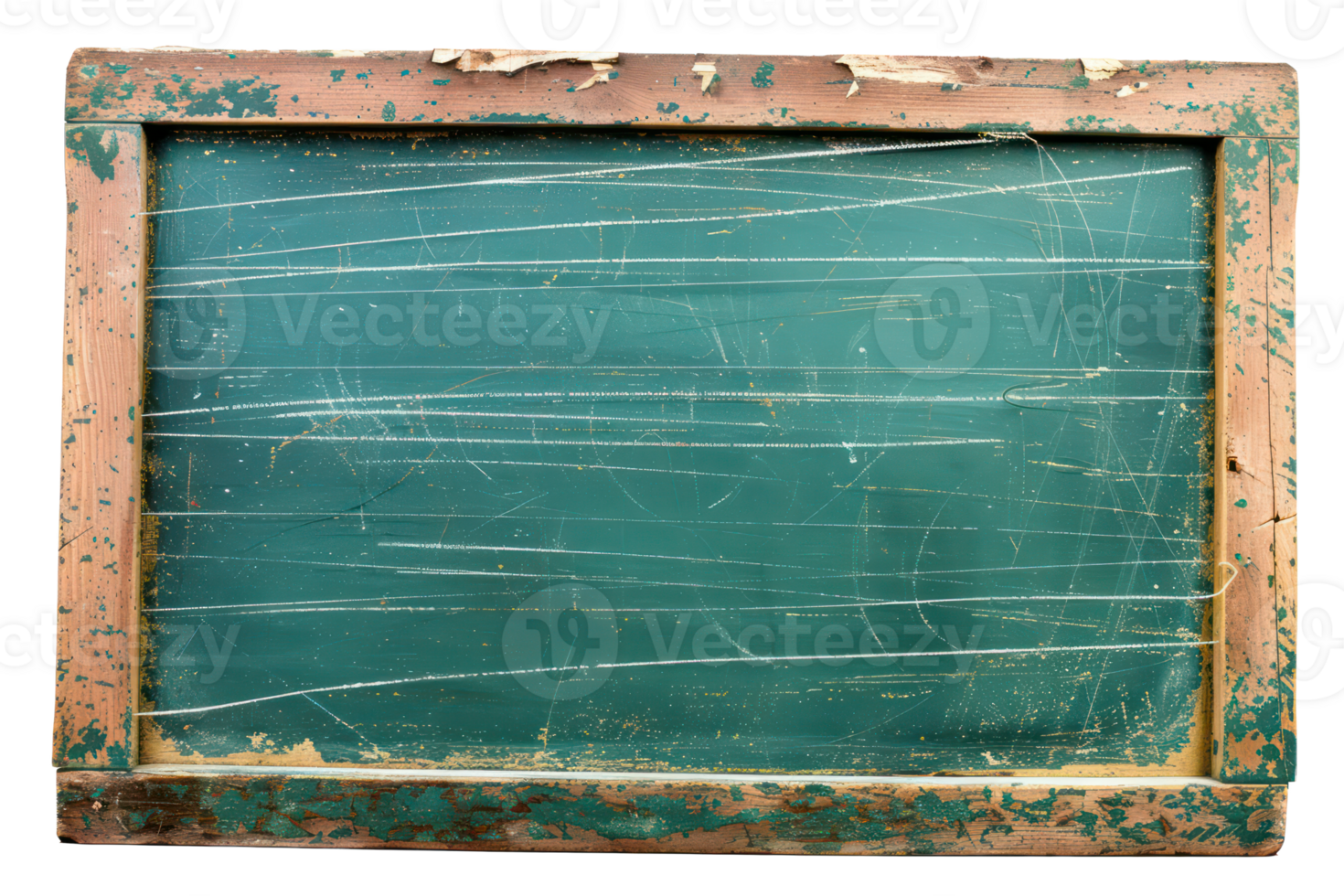 AI generated Old green chalkboard with wooden frame and scratched texture on transparent background - stock png. png