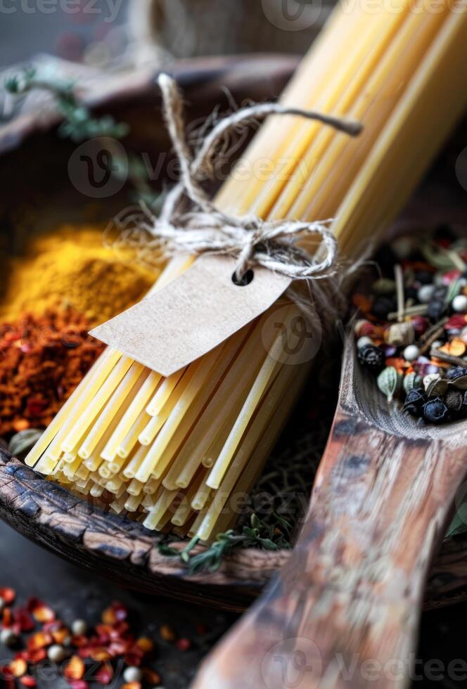 AI generated Bundle of Dried Spaghetti Tied With String on a Rustic Wooden Surface Amidst Spices photo