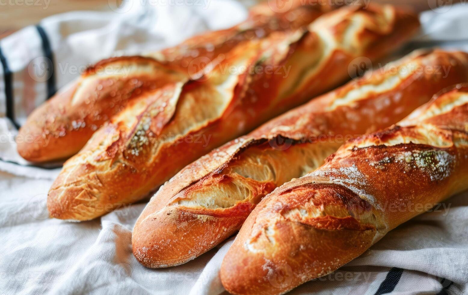 AI generated Freshly Baked French Baguettes on a Rustic Kitchen Counter in Natural Light photo
