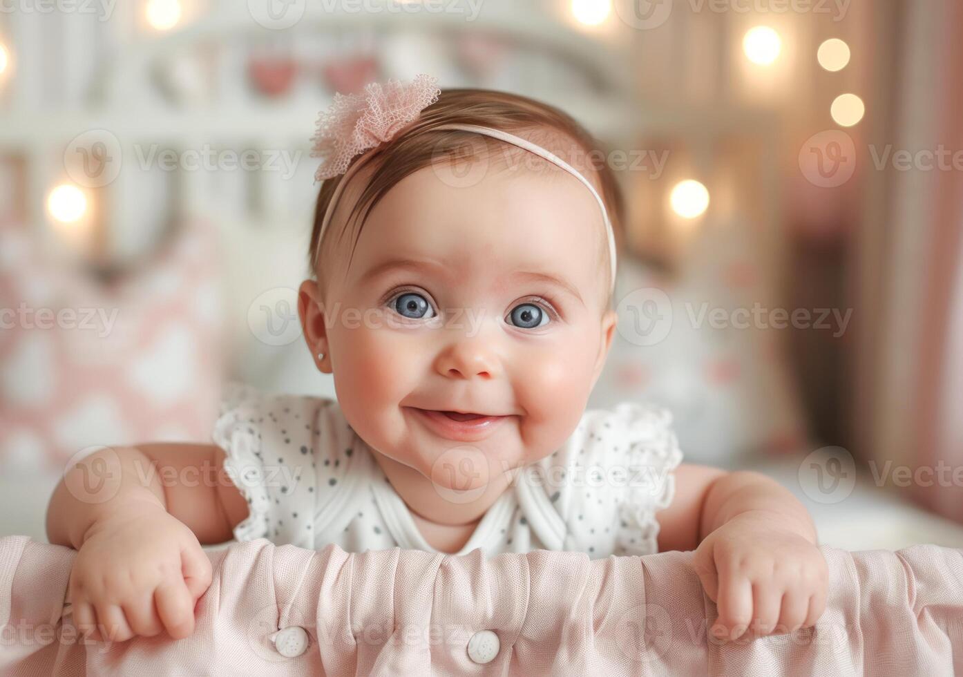 AI generated Smiling Blue-Eyed Baby Enjoying Tummy Time Indoors on a Textured Blanket photo