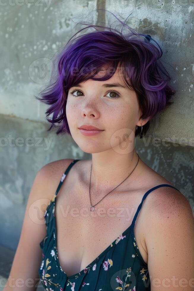 AI generated Young Woman With Vibrant Purple Hair Posing Against a Concrete Wall photo