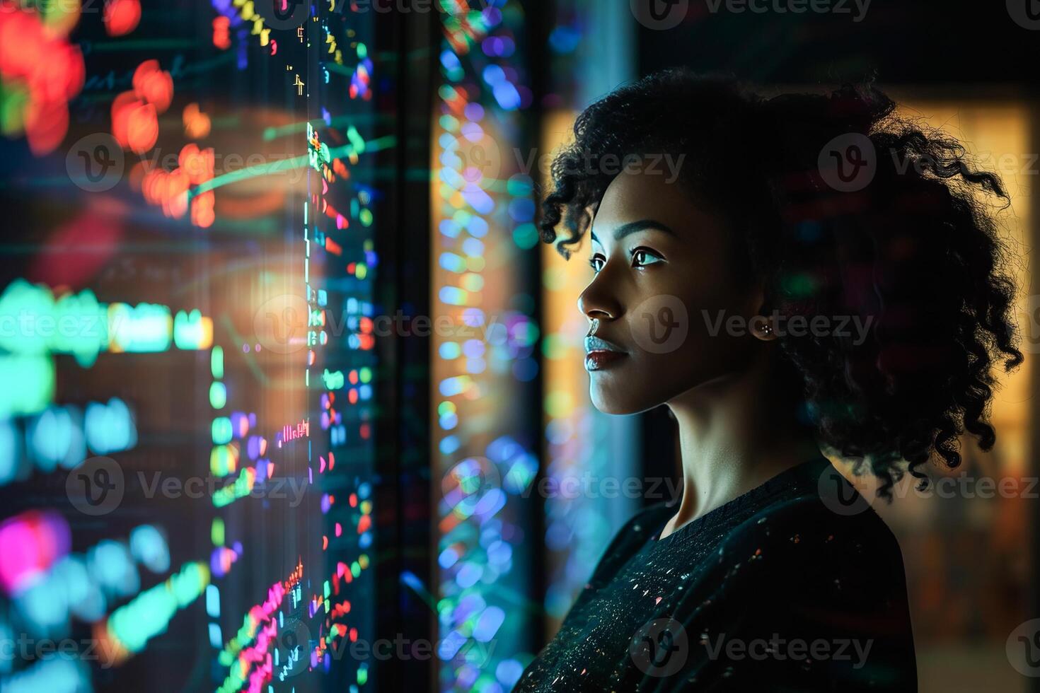 AI generated Young Female Software Engineer Engages in Late-Night Coding Session at High-Tech Office photo