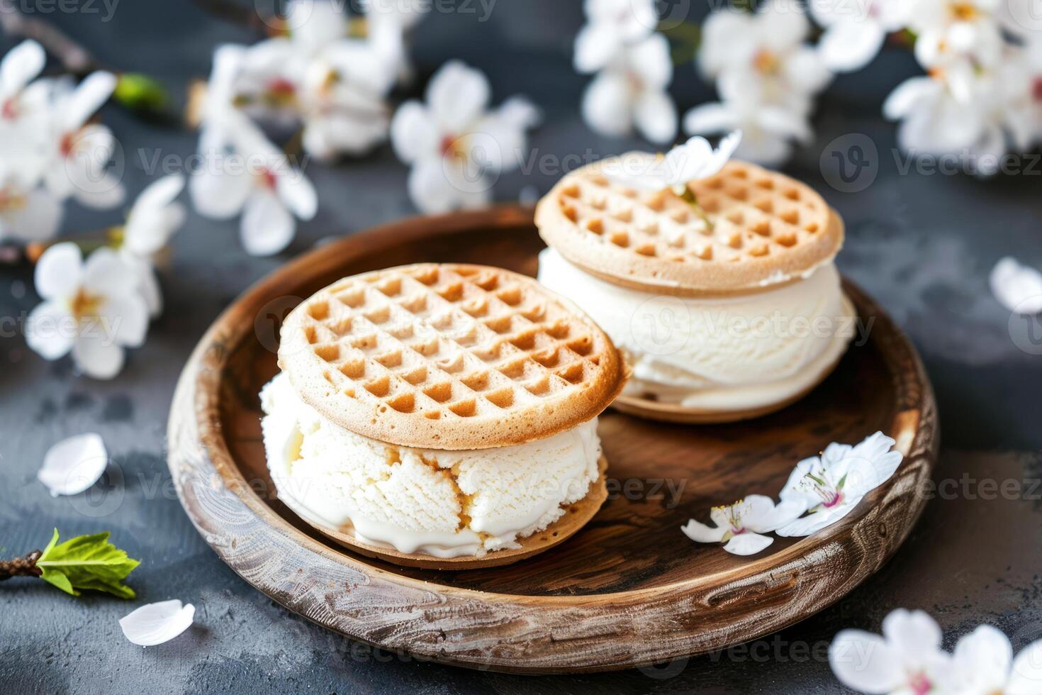 ai generado vainilla hielo crema emparedados con azucarado galletas en un de madera plato en medio de cierne ramas foto