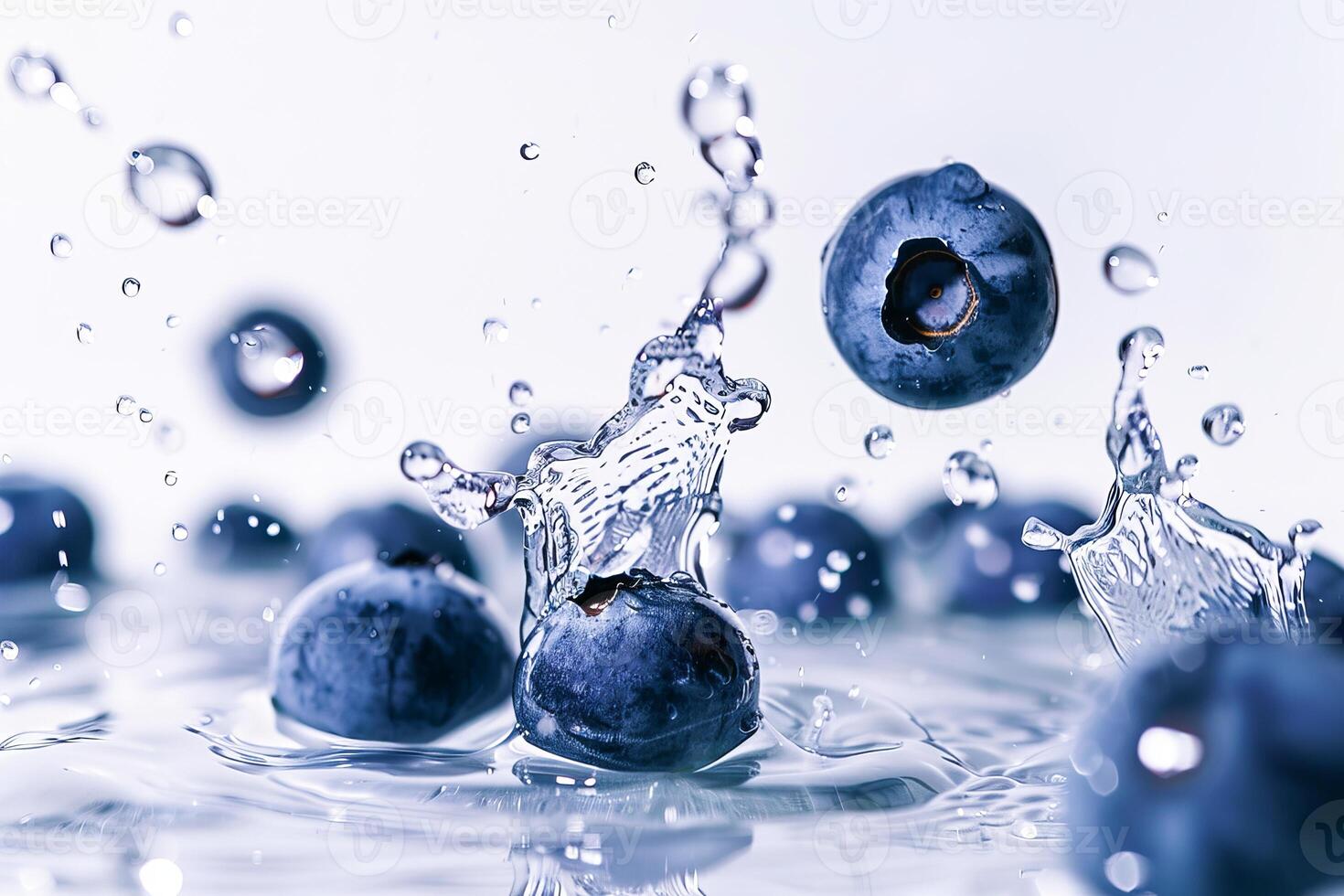 AI generated Fresh Blueberries Splashing Into Crystal Clear Water Against a White Background photo